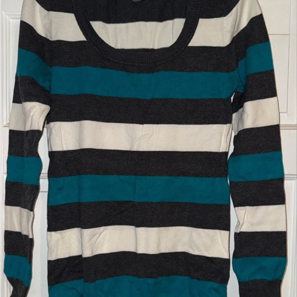 Rue21 Dark Grey and White Crew Neck Sweater with Stripes